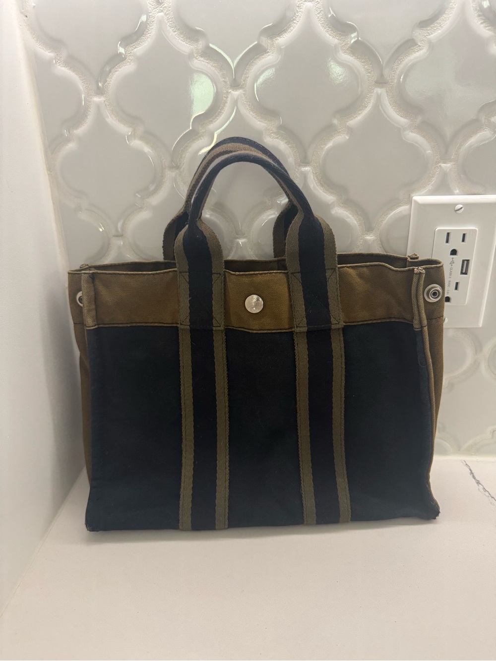 Hermes Black and Olive Canvas Tote